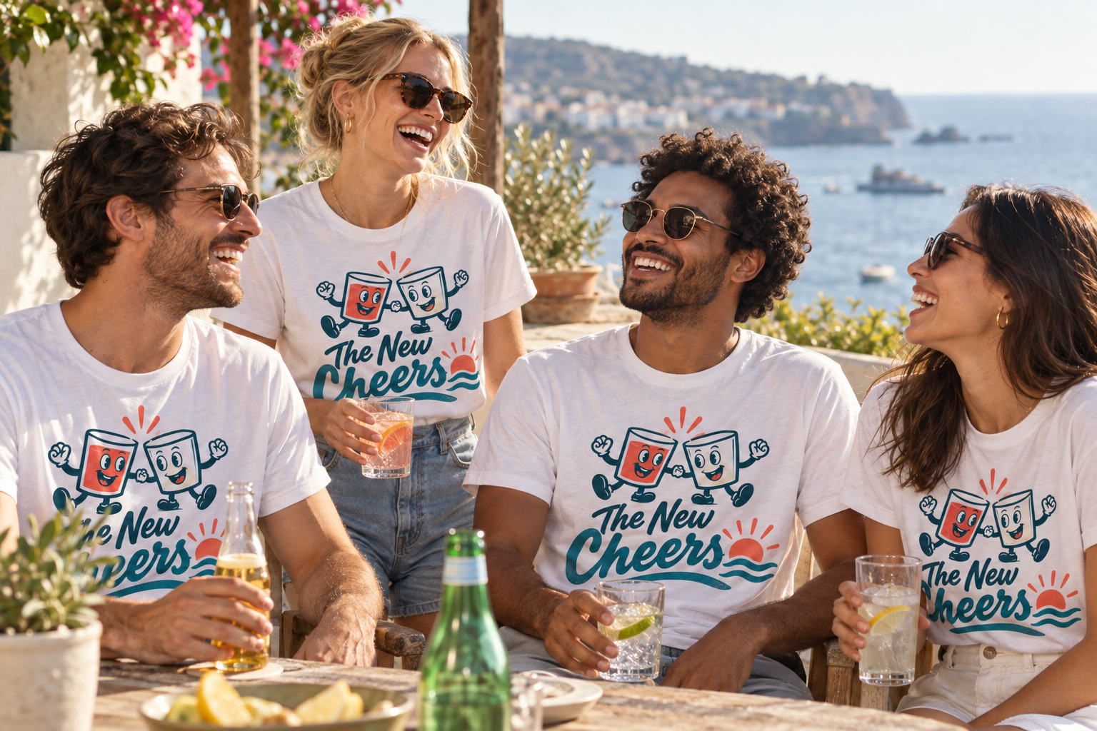 Four adult friends laughing on a sunny seaside terrace, wearing white The New Cheers T-shirts